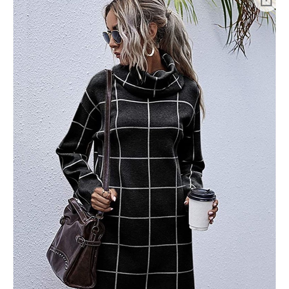 PLAID BLACK WHITE SWEATER DRESS NWT - Picture 2 of 6